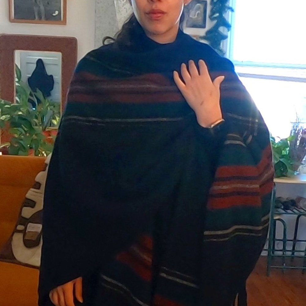 Pendleton Black Wool Shawl with Red Plaid